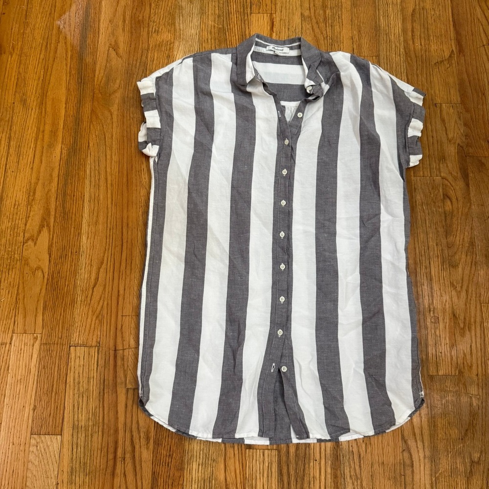 Madewell Maywood Stripe Shirtdress Gray White Linen Blend M Summer Preppy Light